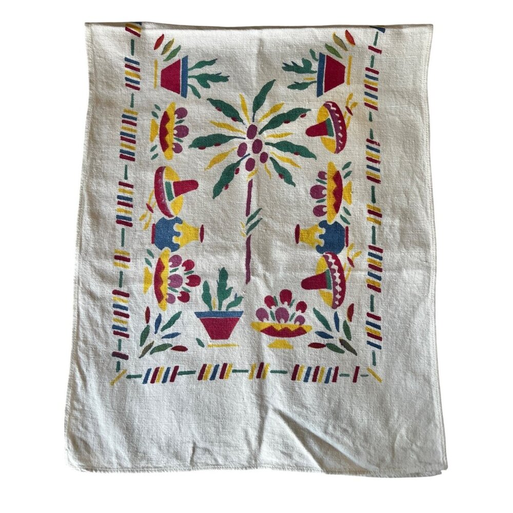 Mexican Table Runner 42X16.5 Nubby White Cotton w/ Red Green Yellow Blue VTG MCM - Picture 7 of 10
